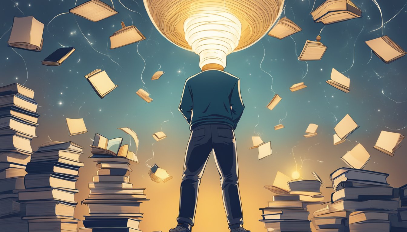A person reading while standing on their head, surrounded by books
floating in the air. A light bulb shines above, symbolizing new ideas
and personal
growth