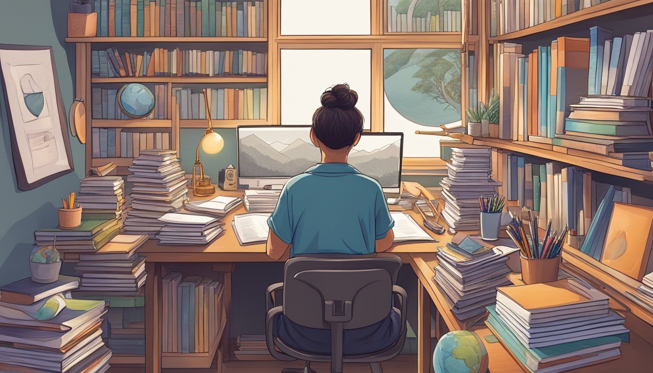 A person sits at a desk surrounded by books, journals, and art
supplies. They are writing and drawing, surrounded by a sense of
curiosity and
self-exploration