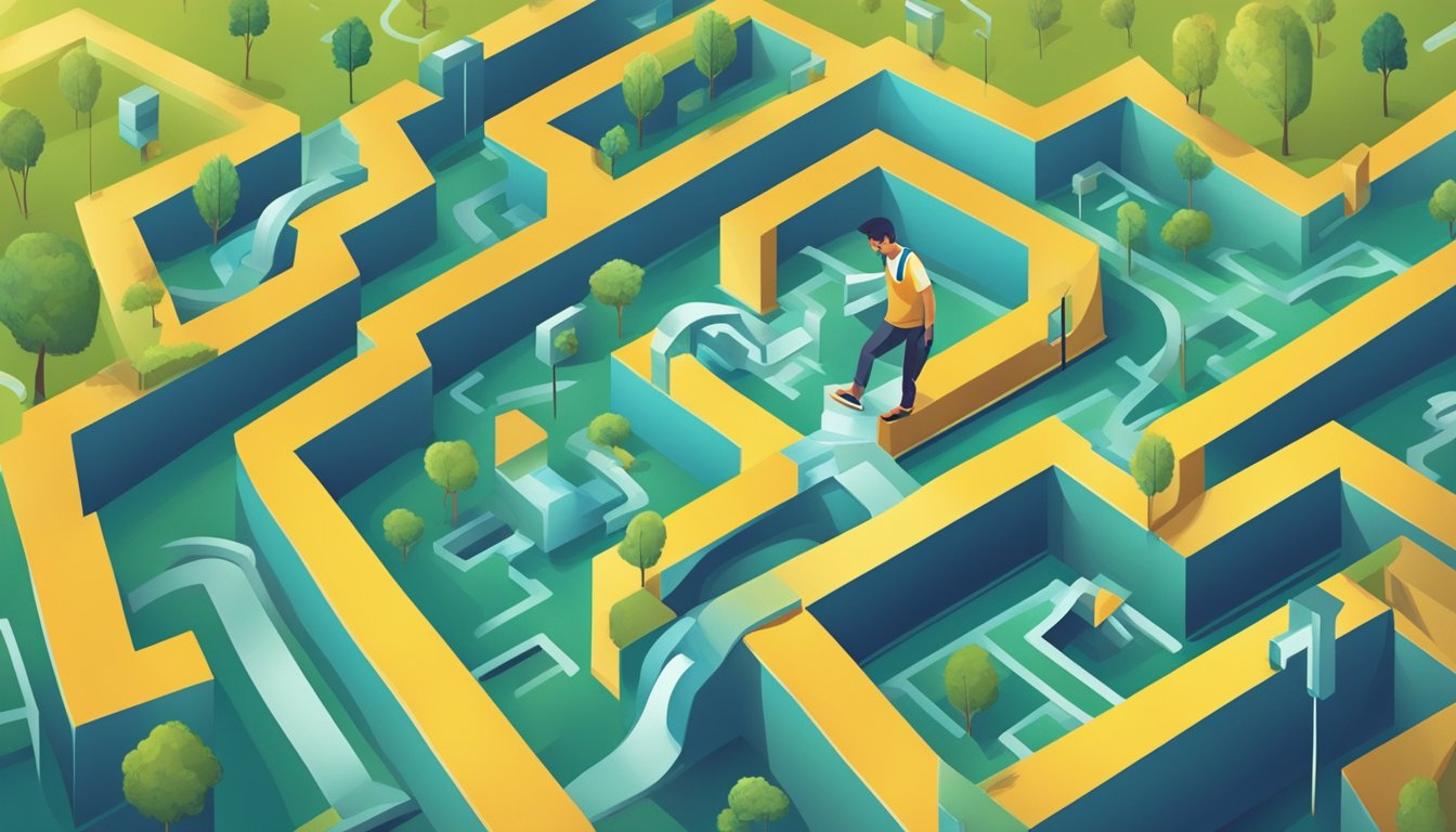 A person navigating through a maze of obstacles, trying out different
paths and methods to reach a goal, symbolizing unconventional learning
methods for personal
growth