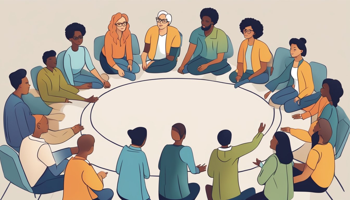 A group of diverse individuals gather in a circle, exchanging ideas
and support. In the center, unconventional learning methods are
depicted, symbolizing personal
growth