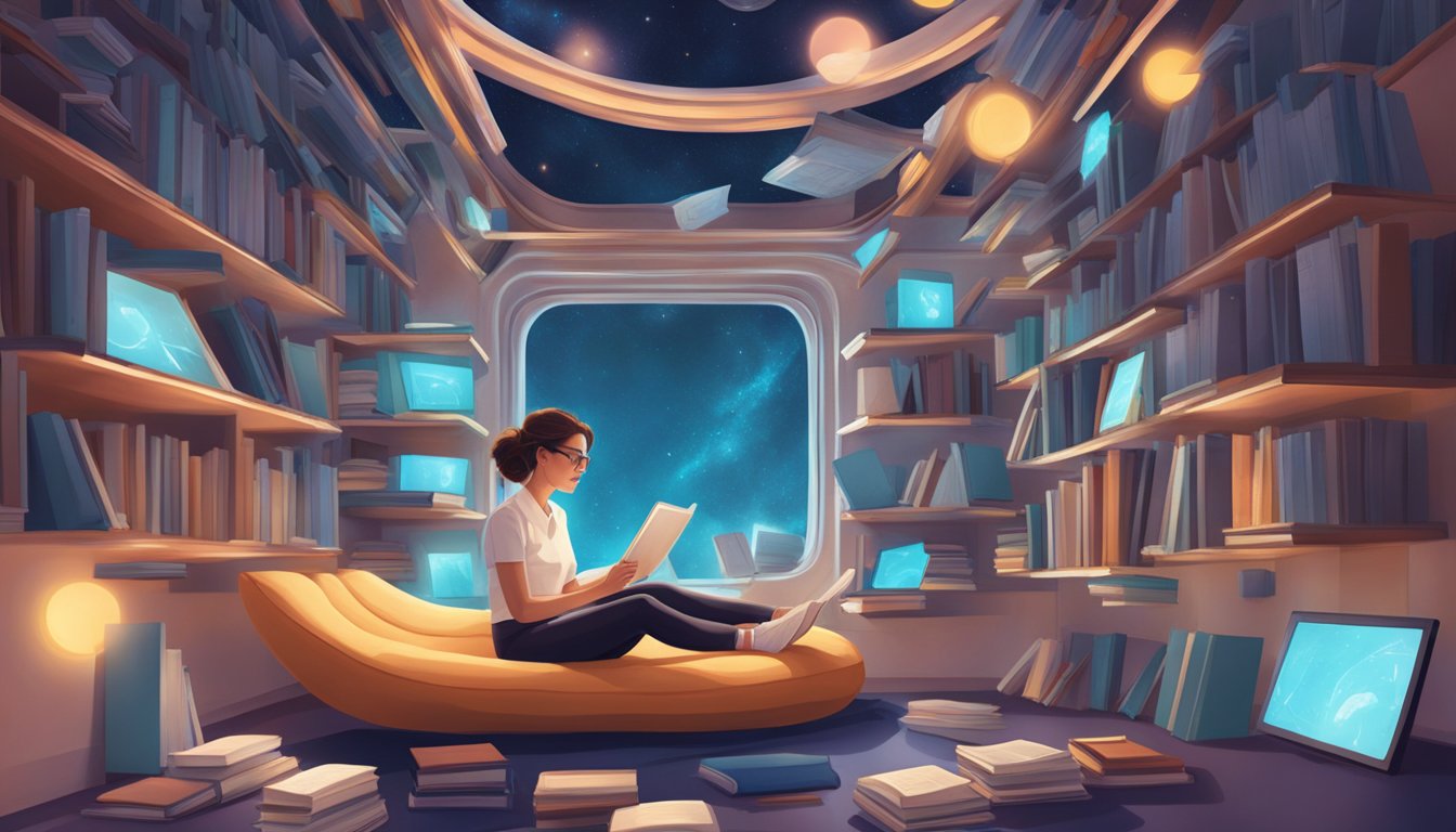 A woman floats in zero gravity, surrounded by floating books and glowing screens, absorbed in her studies