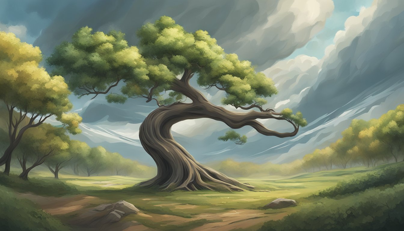 A tree bending and flexing in the wind, surrounded by rapidly changing
weather and shifting
landscapes