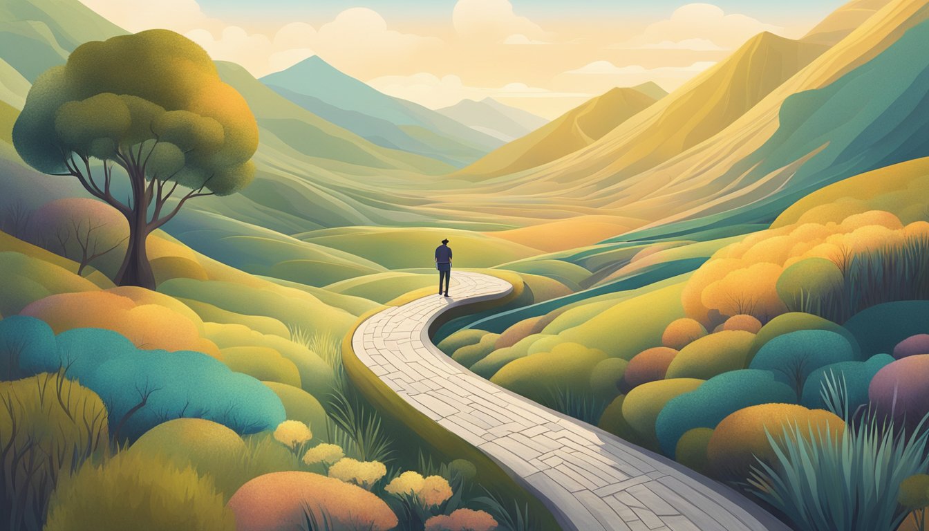 A figure stands on a winding path, surrounded by dynamic, shifting
landscapes. The environment changes rapidly, but the figure remains
steady and adaptable, embodying the concept of an agile
mindset