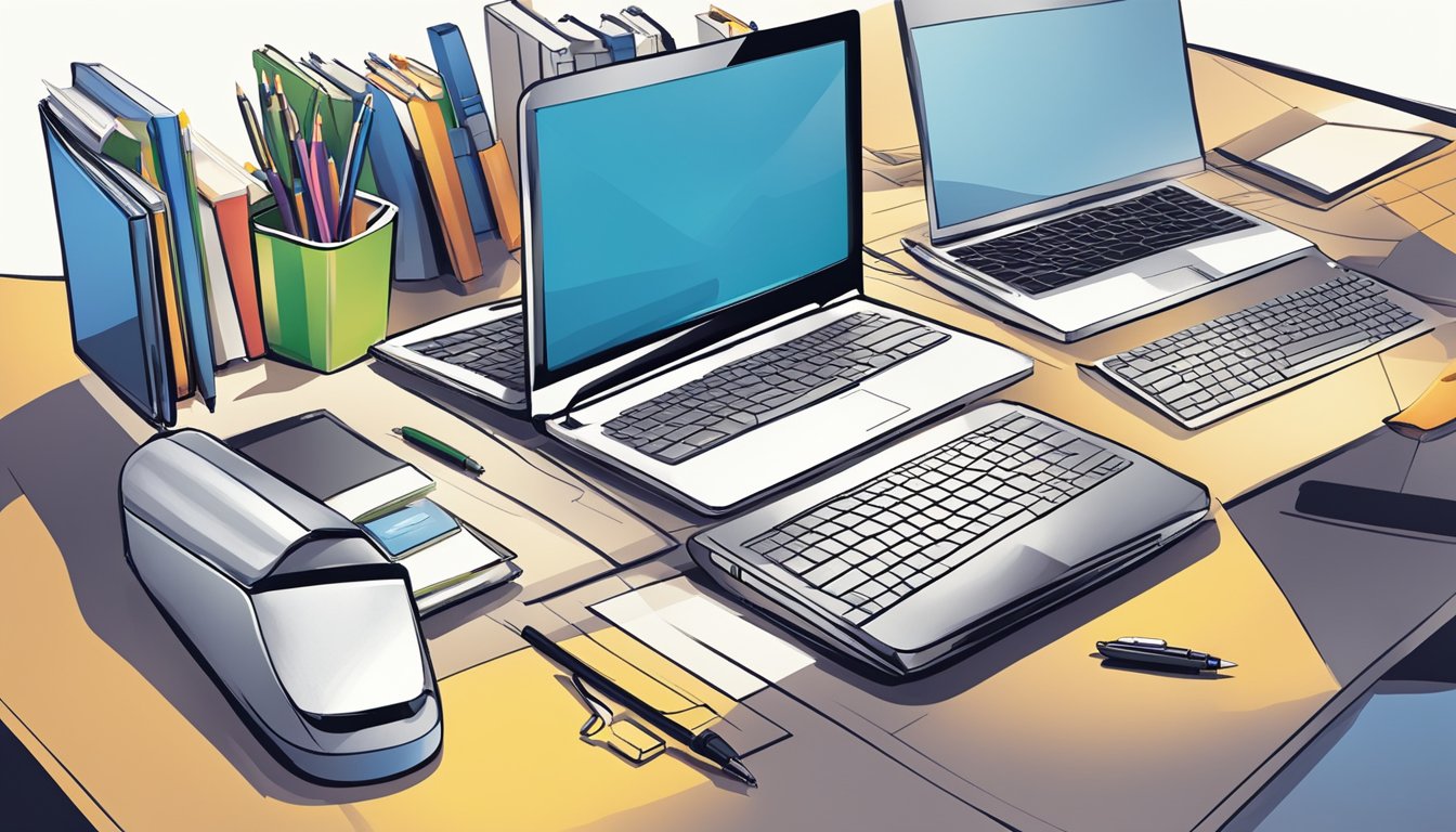 A group of objects, such as a computer, notebook, and pen, arranged in
a dynamic and flexible composition, symbolizing adaptability and
learning in a fast-paced
environment