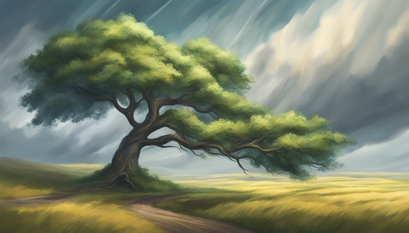 A tree bending and swaying in the wind, surrounded by rapidly changing
weather and shifting
landscapes