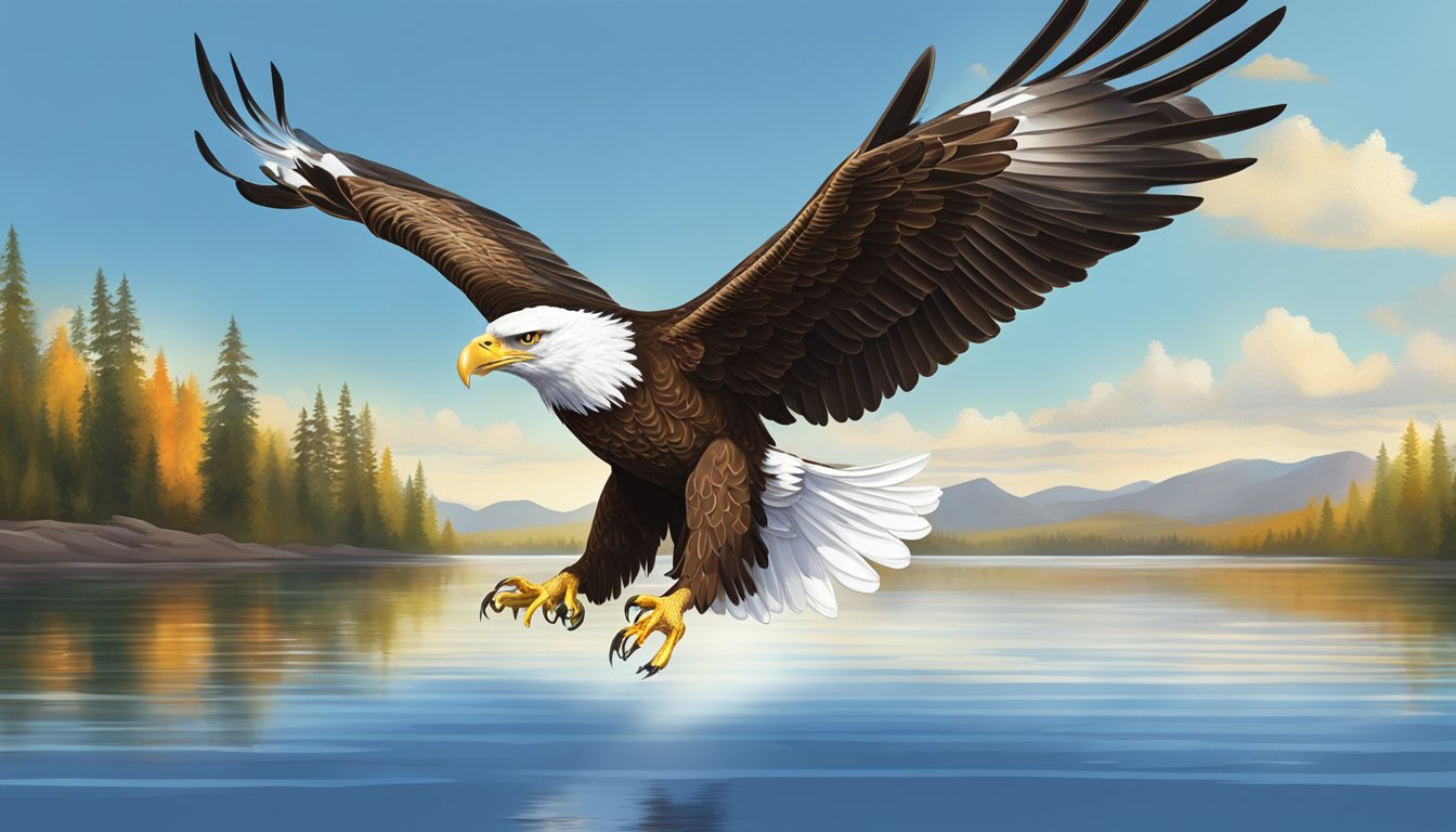 An eagle soars majestically above a serene lake, its wings spread wide
as it glides effortlessly through the clear blue
sky