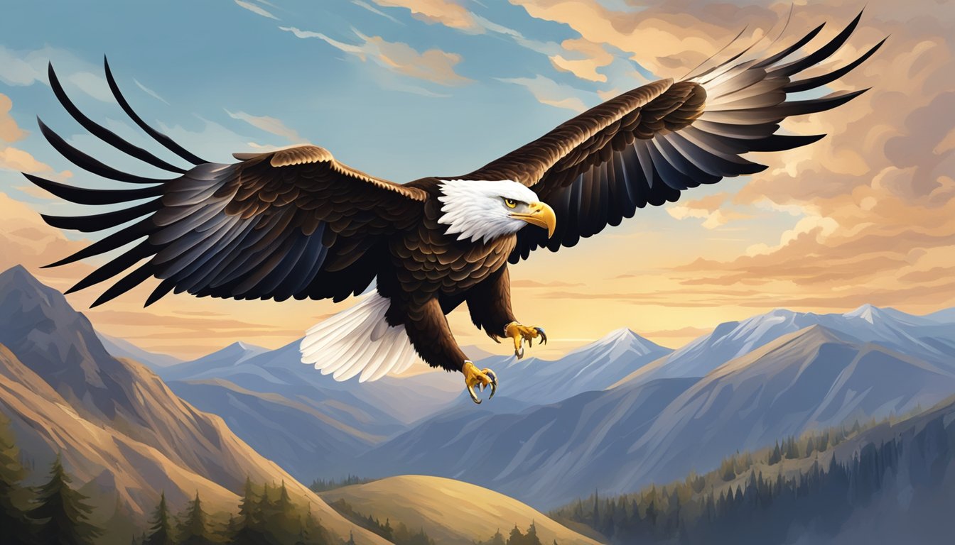 An eagle glides gracefully above a mountainous landscape, its wings
outstretched as it soars through the open sky, embodying freedom and
strength
