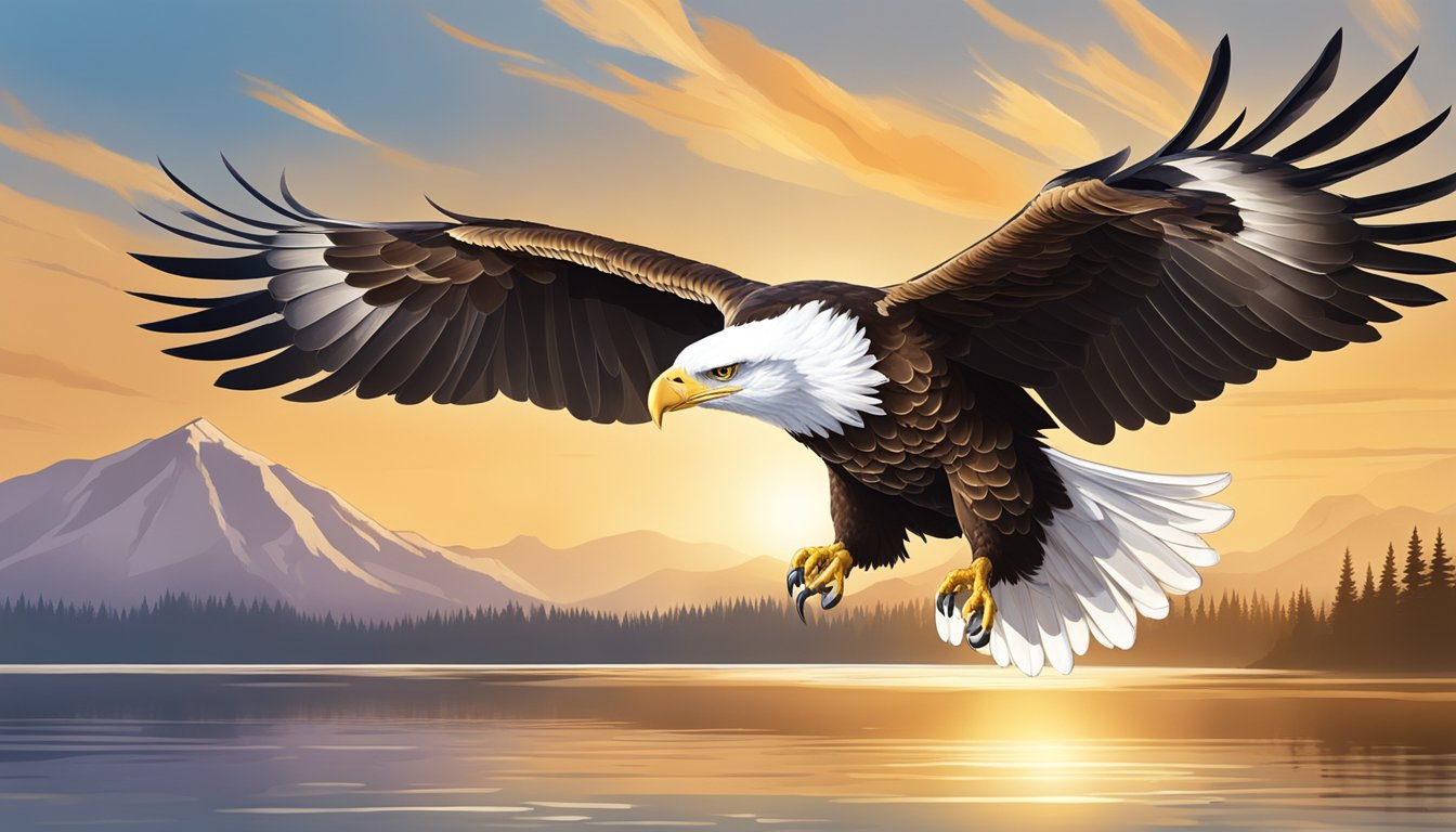 A majestic eagle soars high above a serene lake, its feathers
glistening in the sunlight as it exudes confidence and
power
