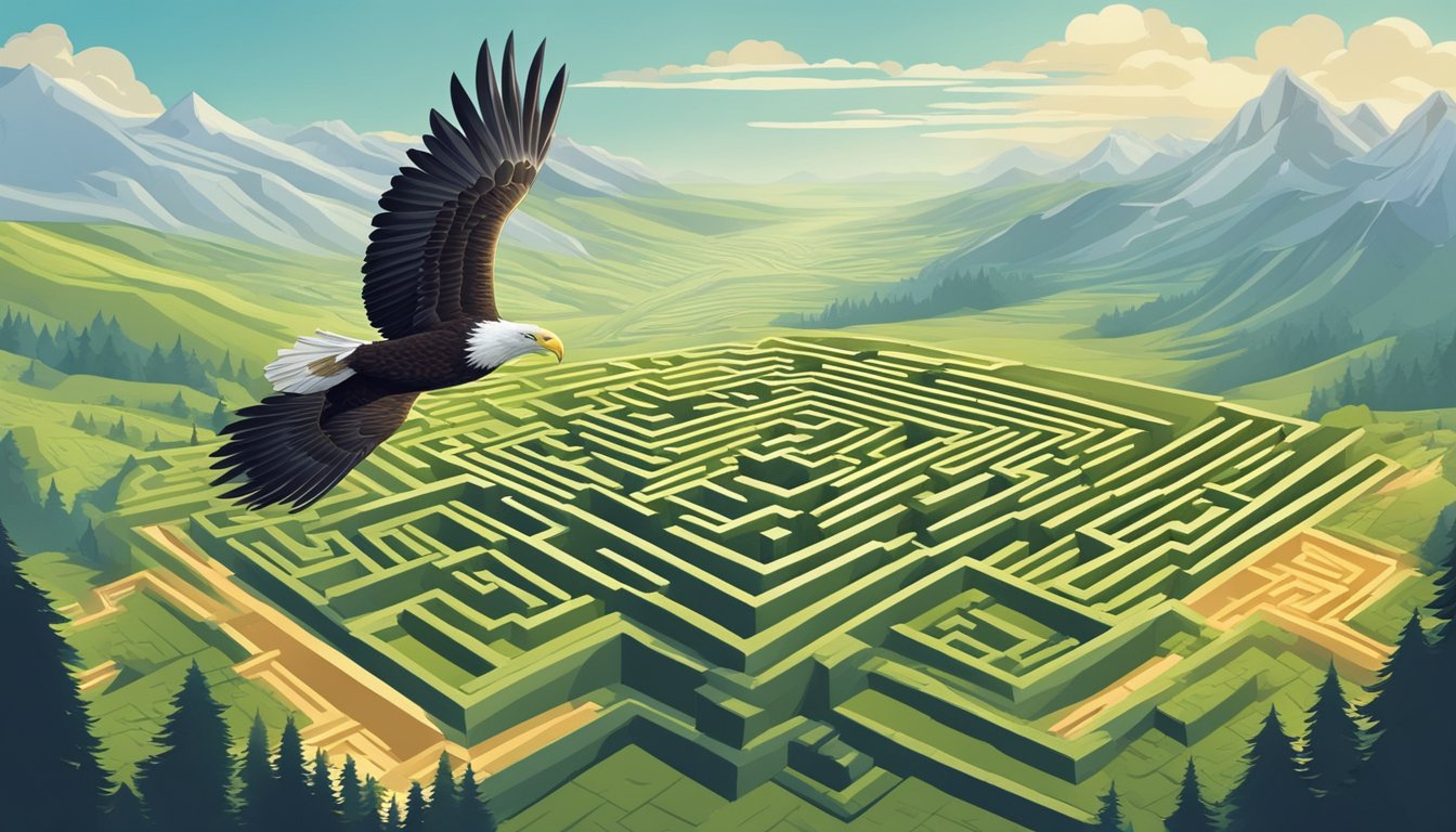 An eagle soaring high above a maze of obstacles, surveying the
landscape with a keen eye for strategic
pathways
