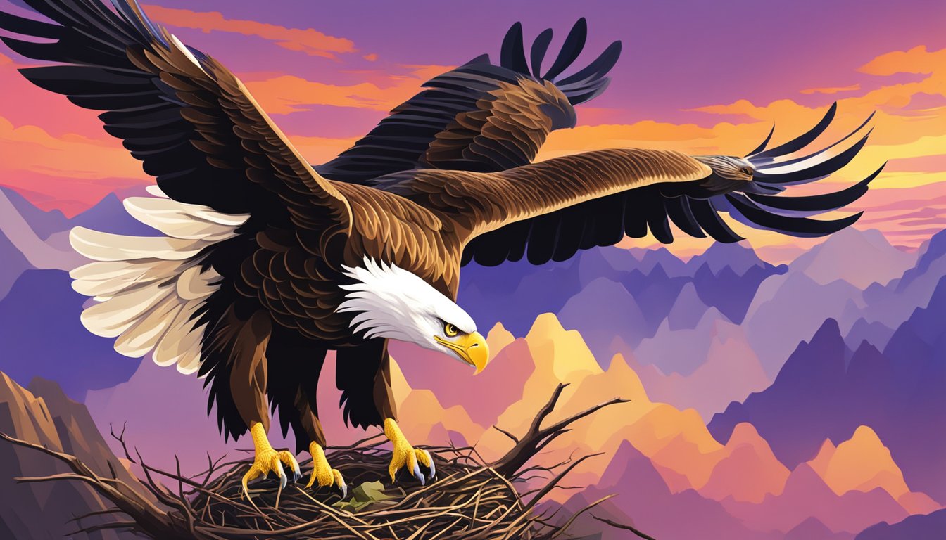 An eagle soars high above a nest, spreading its majestic wings against
a vibrant
sky