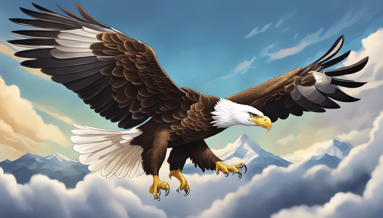 An eagle soaring high above the clouds, with its wings spread wide and
its sharp beak pointed forward in
determination