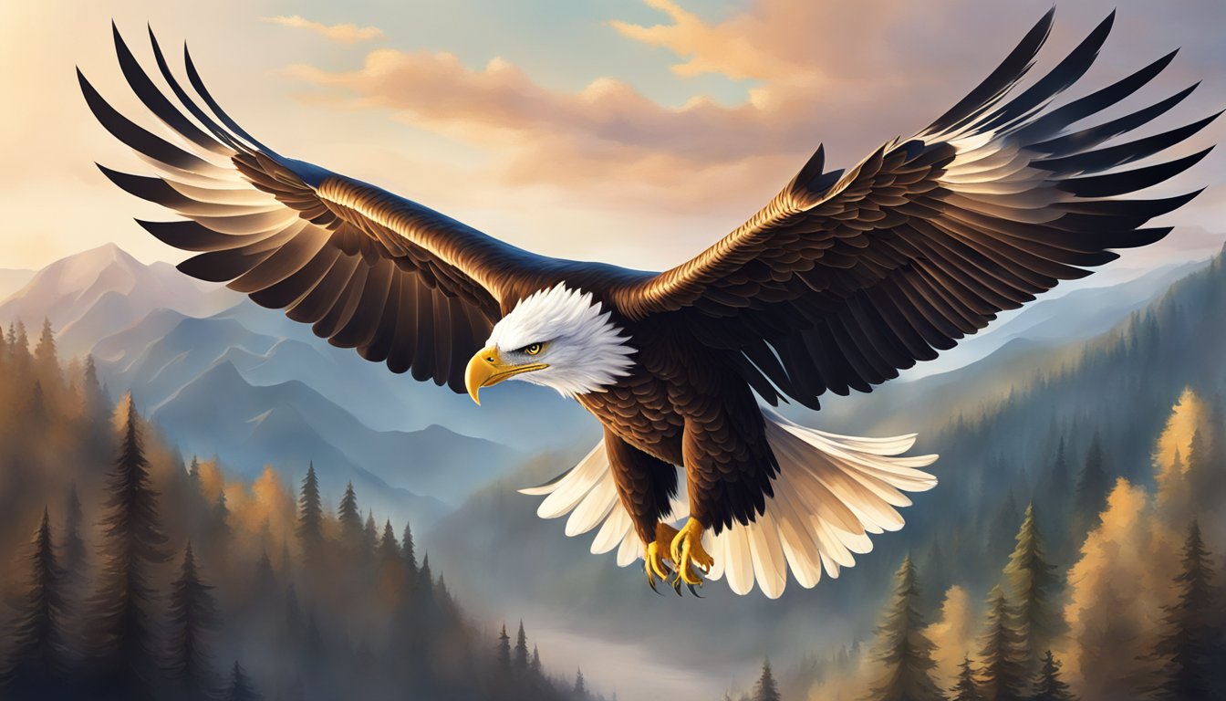 A majestic eagle soars high above a serene landscape, with its wings
spread wide and eyes focused ahead, exuding confidence and
strength