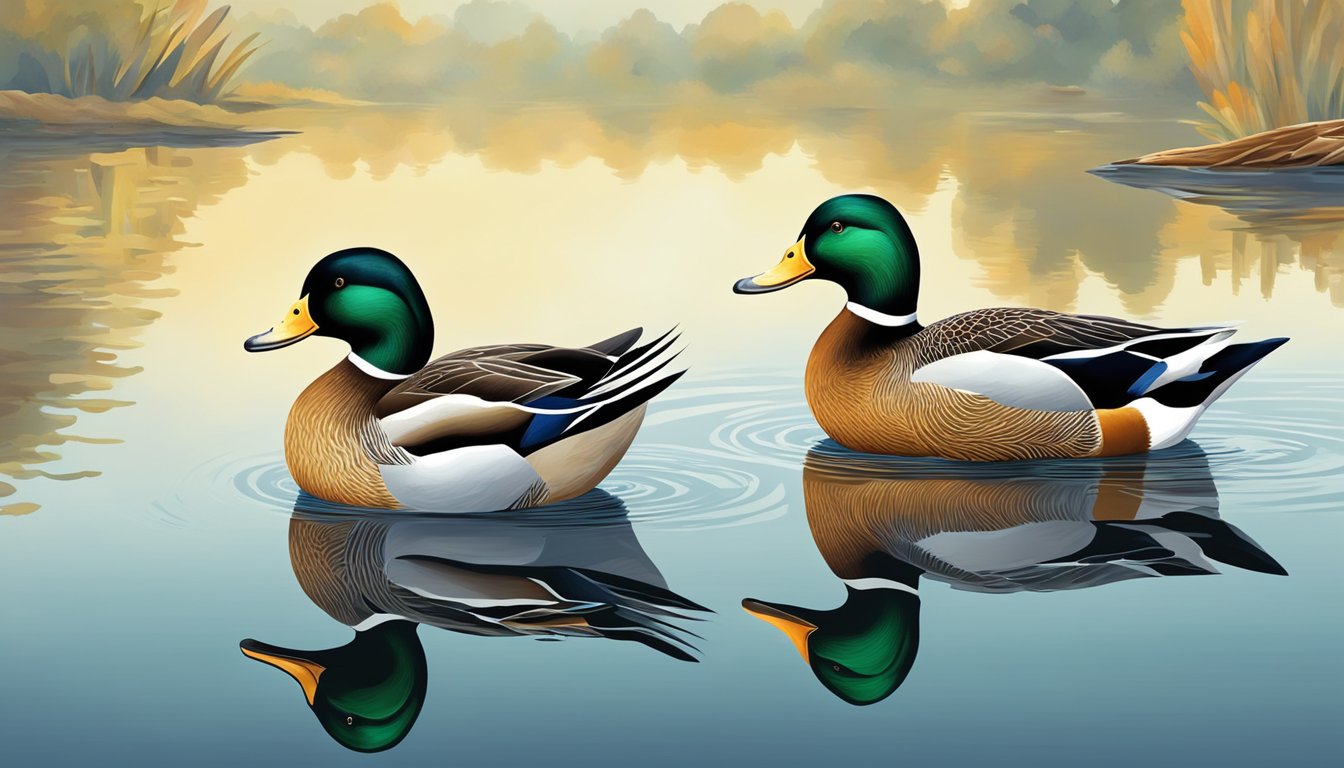 Ducks peacefully float on the calm lake, their wings resting at their sides, unable to take flight