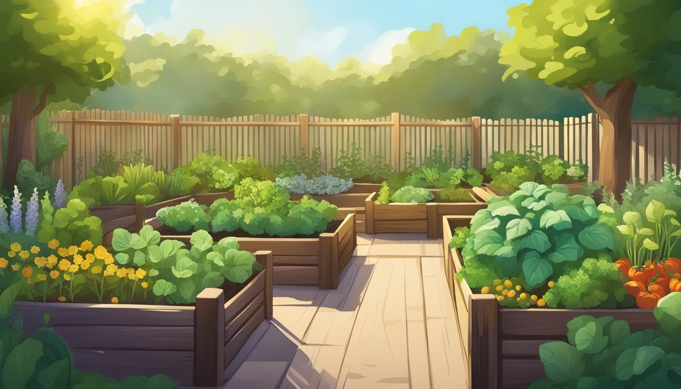 Lush garden with various herbs and vegetables in raised beds,
surrounded by a wooden fence. Sunlight filters through the leaves,
casting dappled shadows on the rich
soil