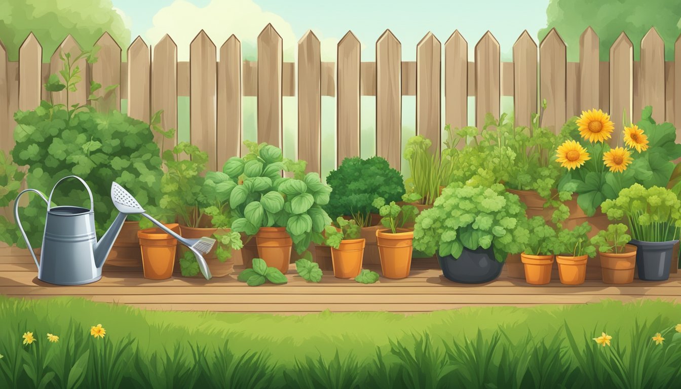 A sunny garden with neatly arranged rows of various herbs and
vegetables, surrounded by a wooden fence. A watering can and gardening
tools are laid out
nearby