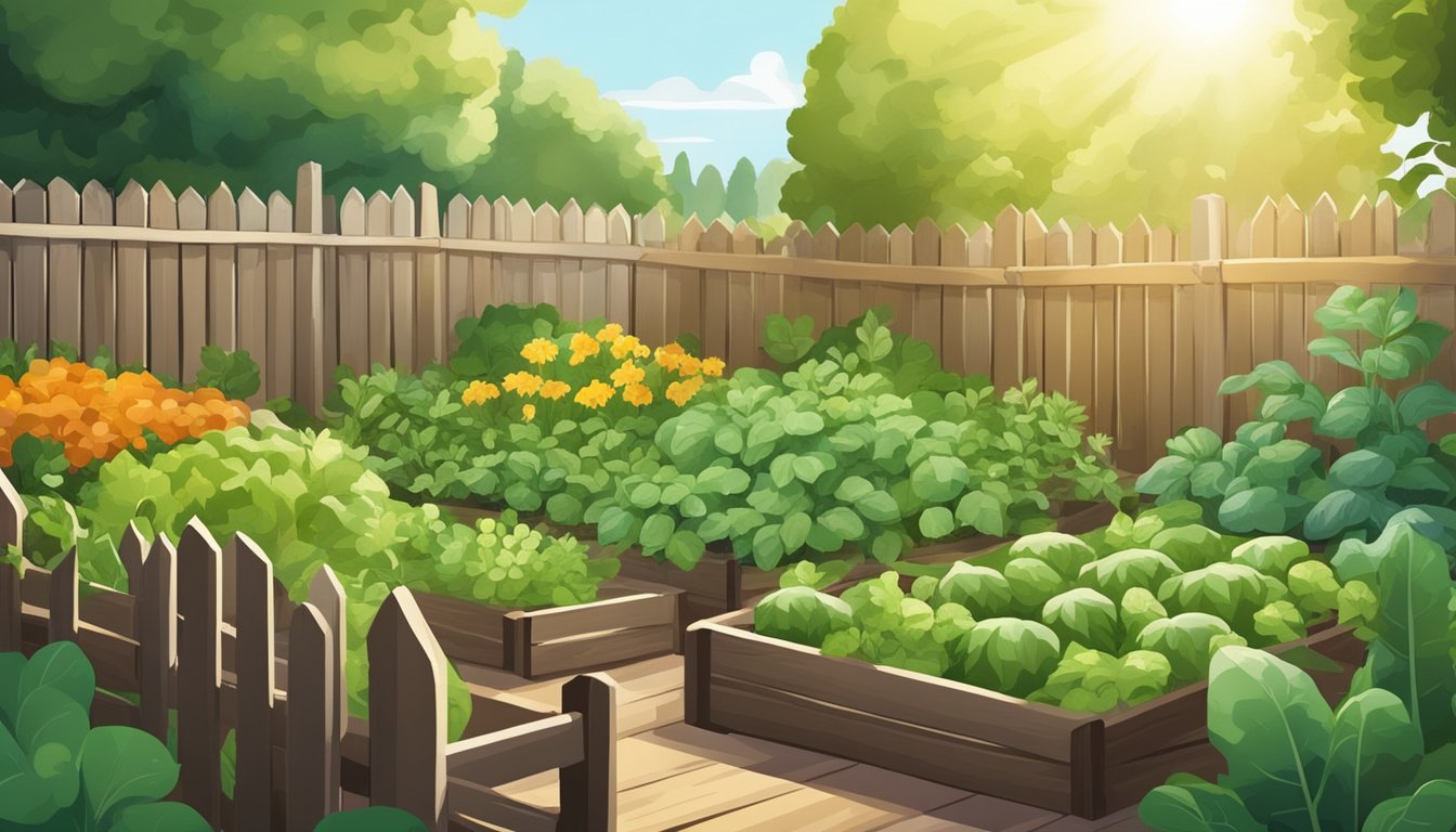 Lush garden with various herbs and vegetables growing in neat rows,
surrounded by a wooden fence. Sunlight filters through the leaves,
creating dappled patterns on the
soil