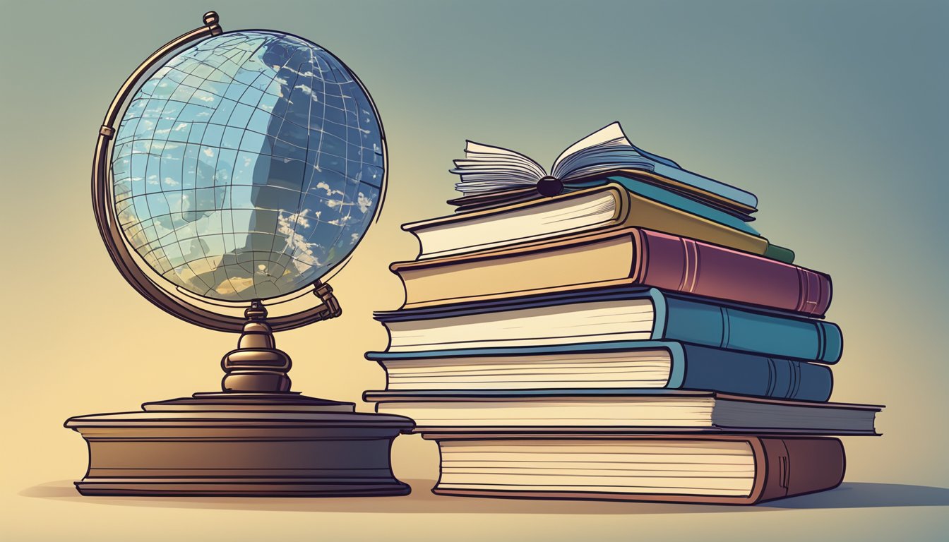 A stack of books with various language titles, a globe, and a brain
with language nodes lighting
up