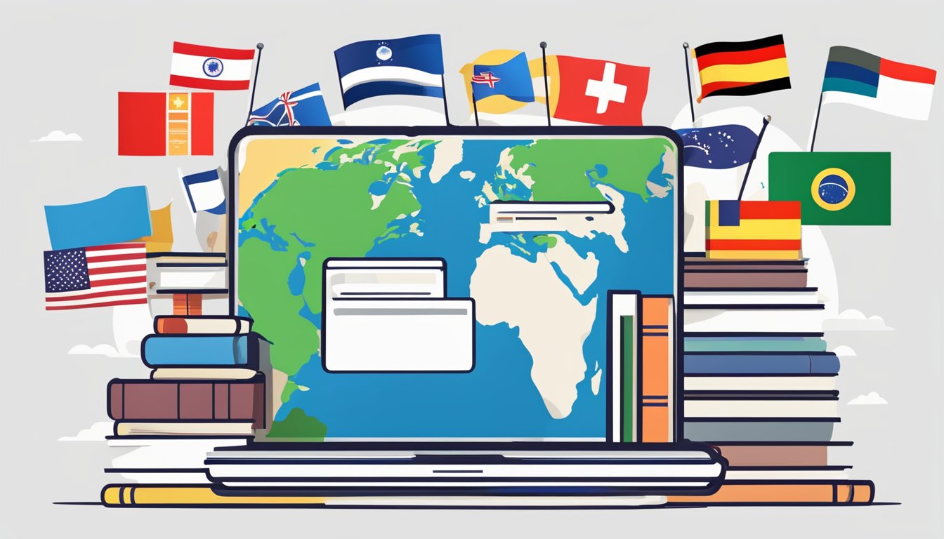 A stack of books with various flags on the covers, a globe, and a
laptop showing language learning
apps