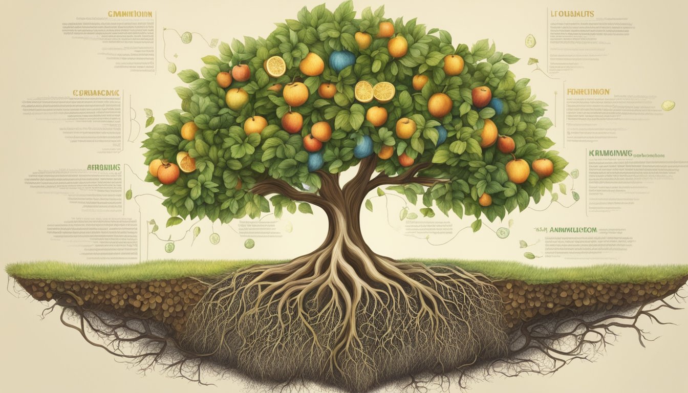 A flourishing tree with roots spreading deep, bearing fruits of
knowledge in various languages, symbolizing personal growth beyond
communication