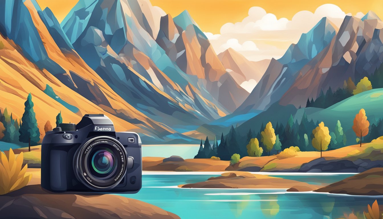 A camera with various settings and features, capturing a stunning
landscape with clear, vibrant colors and sharp
details