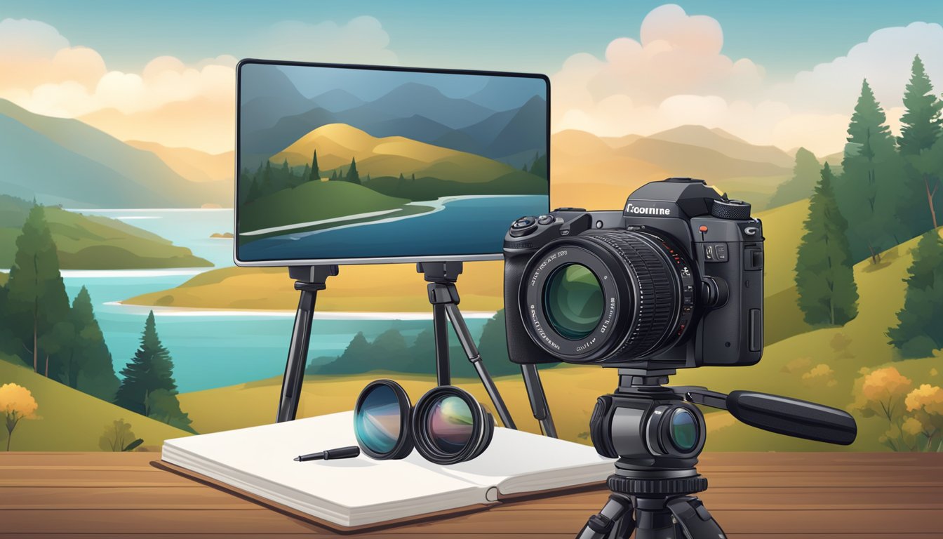 A camera on a tripod, set against a scenic backdrop. A notebook with
photography tips open nearby. A variety of lenses and accessories spread
out on a
table