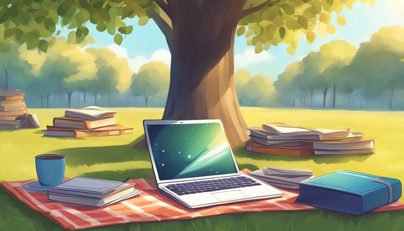 A laptop on a picnic blanket under a shady tree, surrounded by books
and a notepad. Sunlight filters through the leaves as a gentle breeze
rustles the
pages