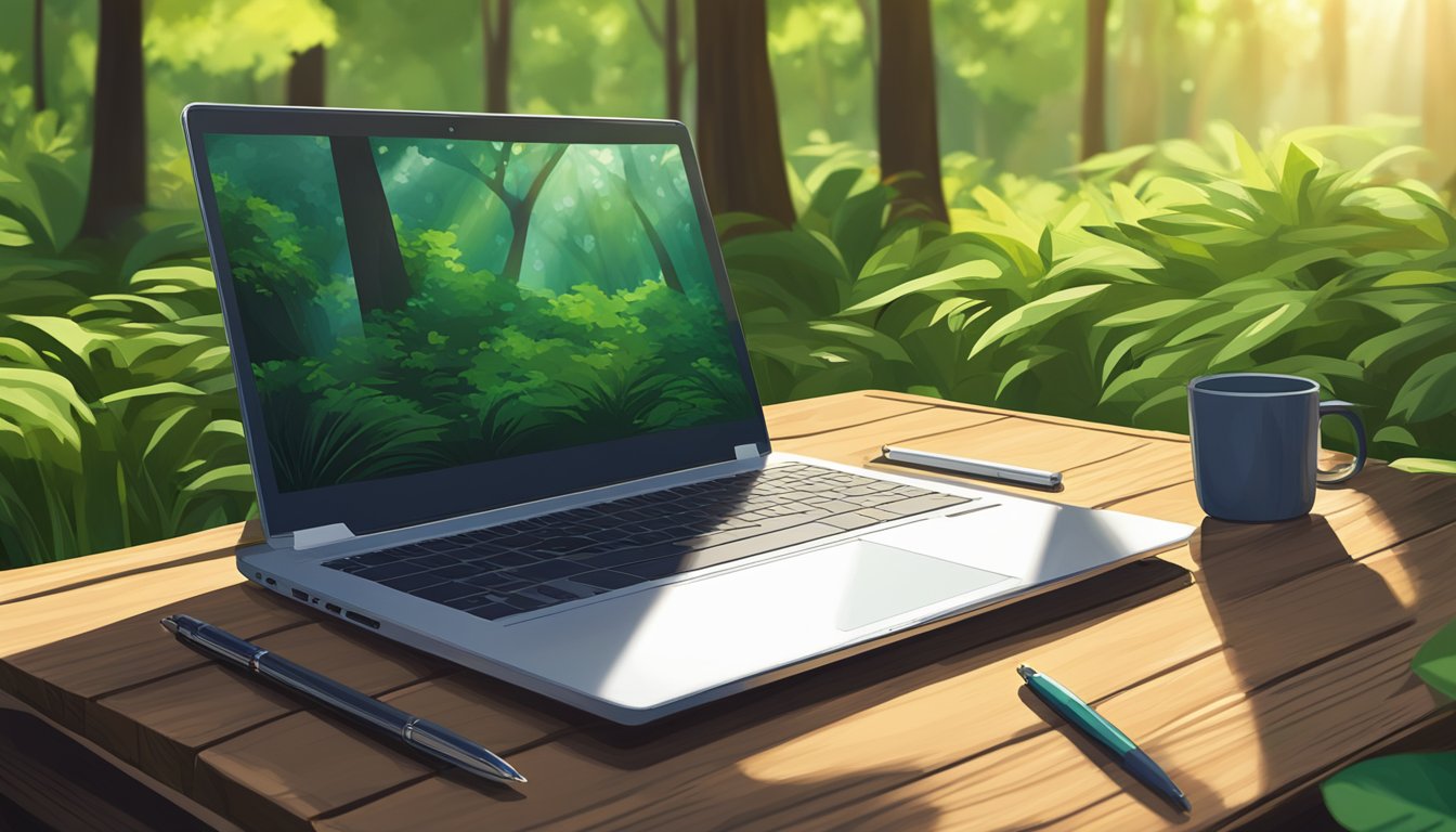 A laptop sits on a wooden table in a lush green outdoor setting.
Sunlight filters through the trees, casting dappled shadows on the
screen. A notebook and pen are nearby, ready for
note-taking