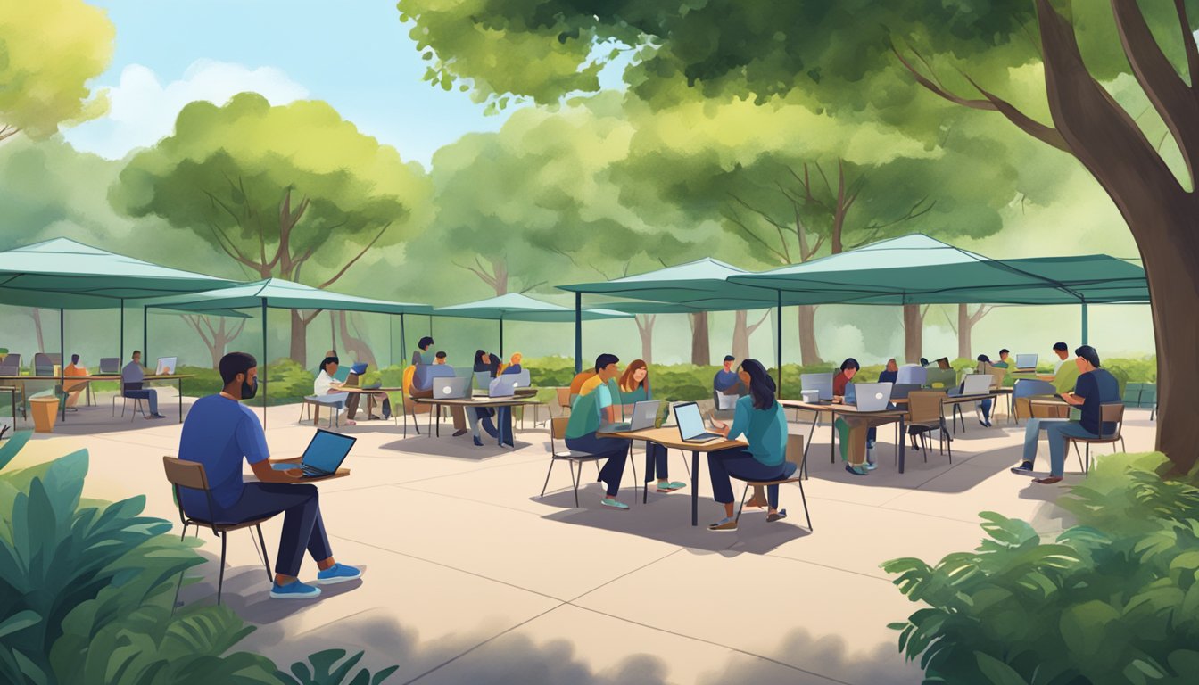 Adults gather under a shaded outdoor area, using laptops and tablets.
Trees and greenery surround them as they engage in online learning
activities
