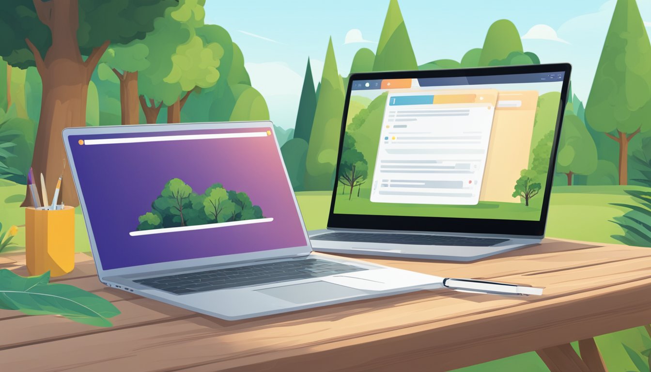 A laptop sits on a picnic table surrounded by trees and greenery. The
screen displays an online learning platform, while a notebook and pen
lay
nearby