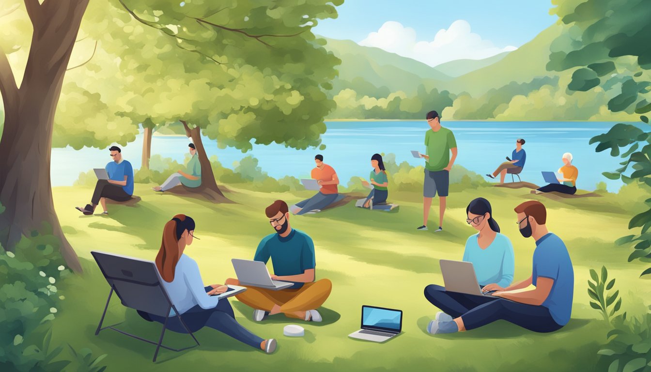 Adults engage in outdoor activities while using digital devices. A
serene natural setting with a laptop, tablet, or phone in
use