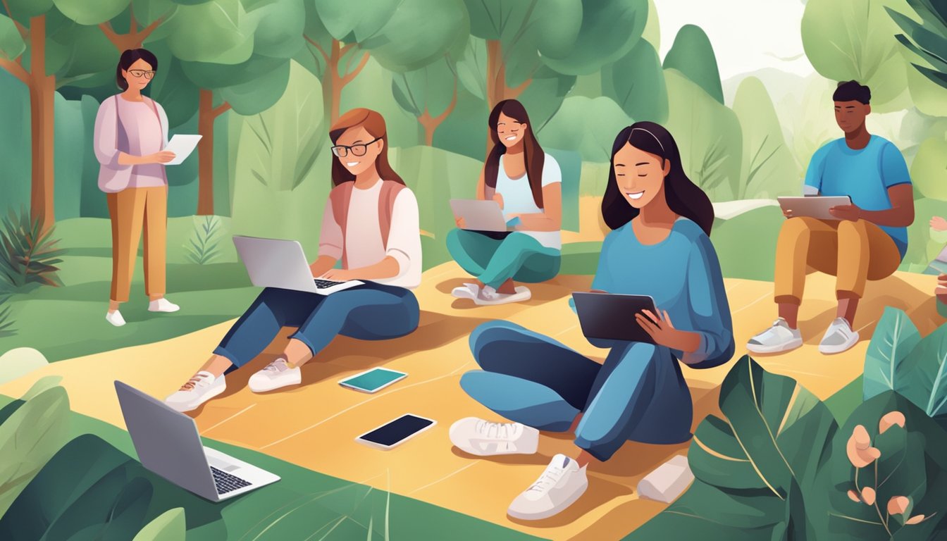 Adults engage in outdoor activities while using digital devices. They
participate in specialized programs and courses that blend summer
outdoor time with online
learning
