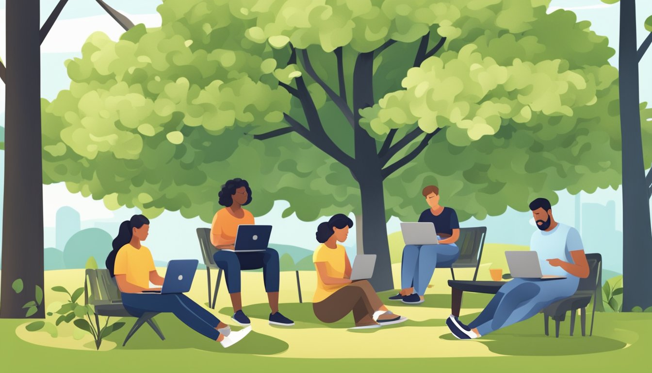 A group of adults gather under a shaded tree, using laptops and
tablets while surrounded by nature. They engage in online learning while
enjoying the summer
outdoors
