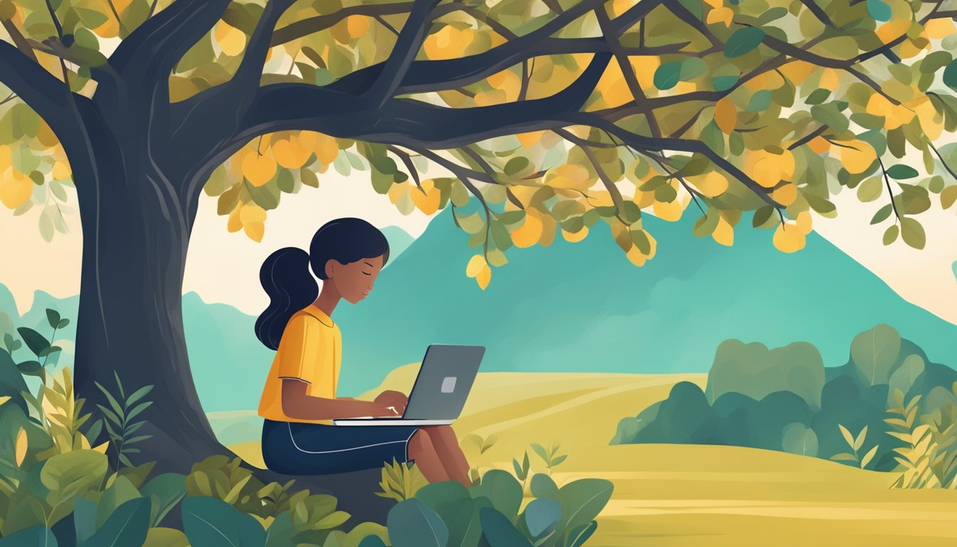 A person using a laptop under a tree, surrounded by nature. Online
learning materials and outdoor setting show embracing change and
overcoming
challenges