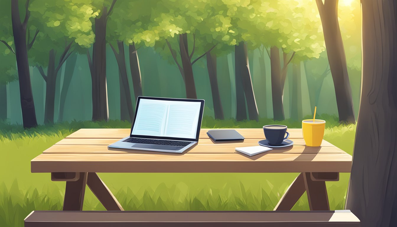 An outdoor setting with a laptop on a picnic table, surrounded by
trees and sunshine, with a book and notepad
nearby