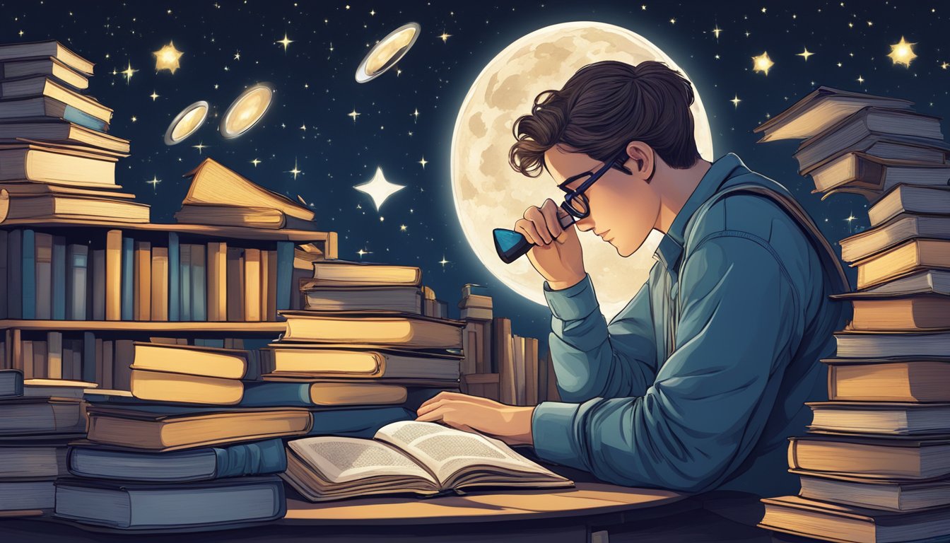 A person surrounded by books, gazing at a starry night sky, with a
magnifying glass in hand, pondering and asking
questions
