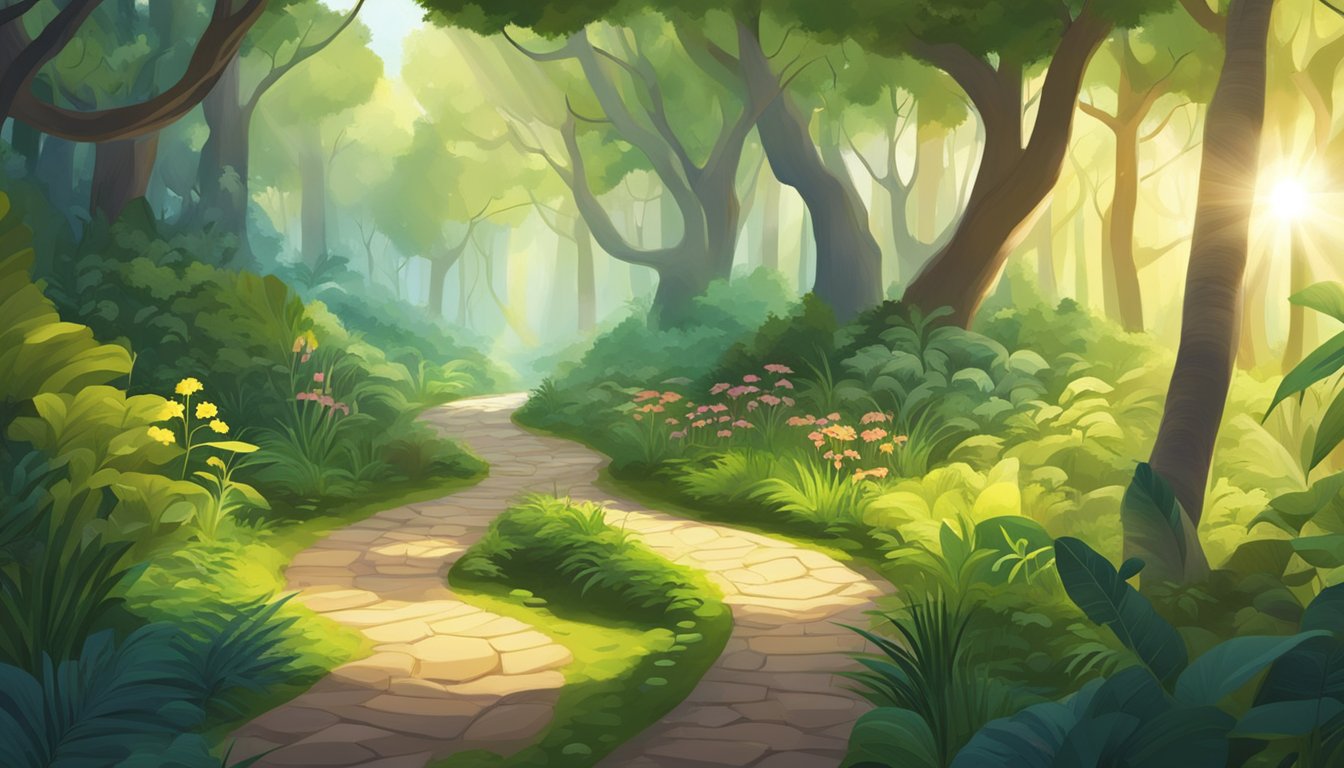 A winding path through a lush forest, with sunlight filtering through
the trees, illuminating a variety of plants and
animals