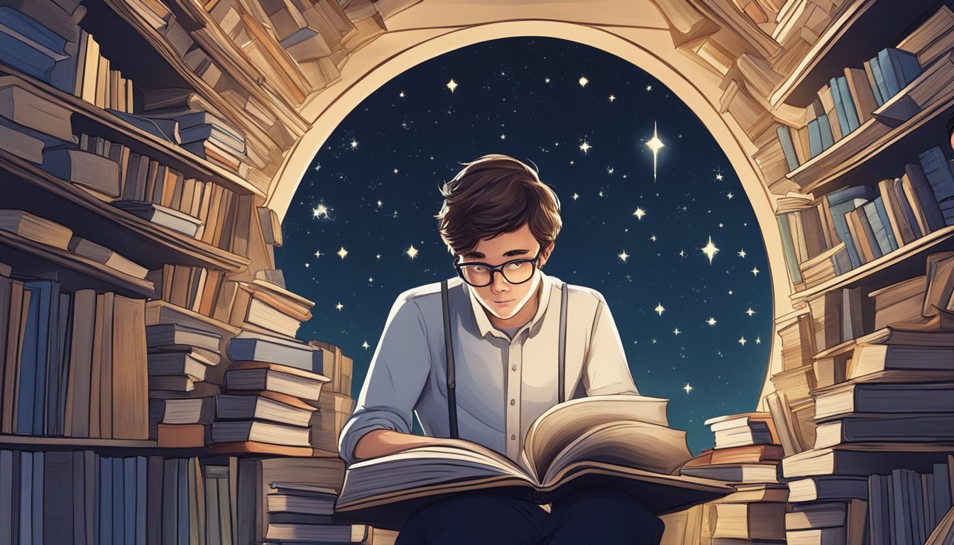 A person surrounded by books, looking up at the stars with a curious
expression, while holding a pencil and
notebook