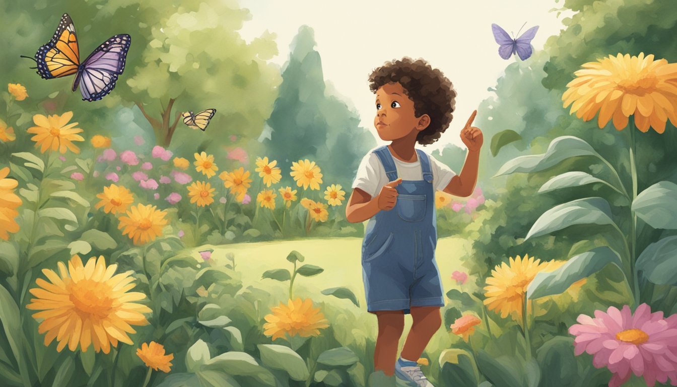 A child exploring a garden, pointing at a flower, while a butterfly
hovers
nearby