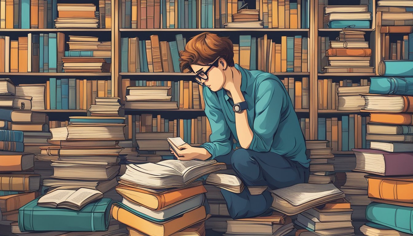 A person surrounded by books and various objects, gazing at a
thought-provoking question. The scene exudes a sense of wonder and
intellectual
curiosity