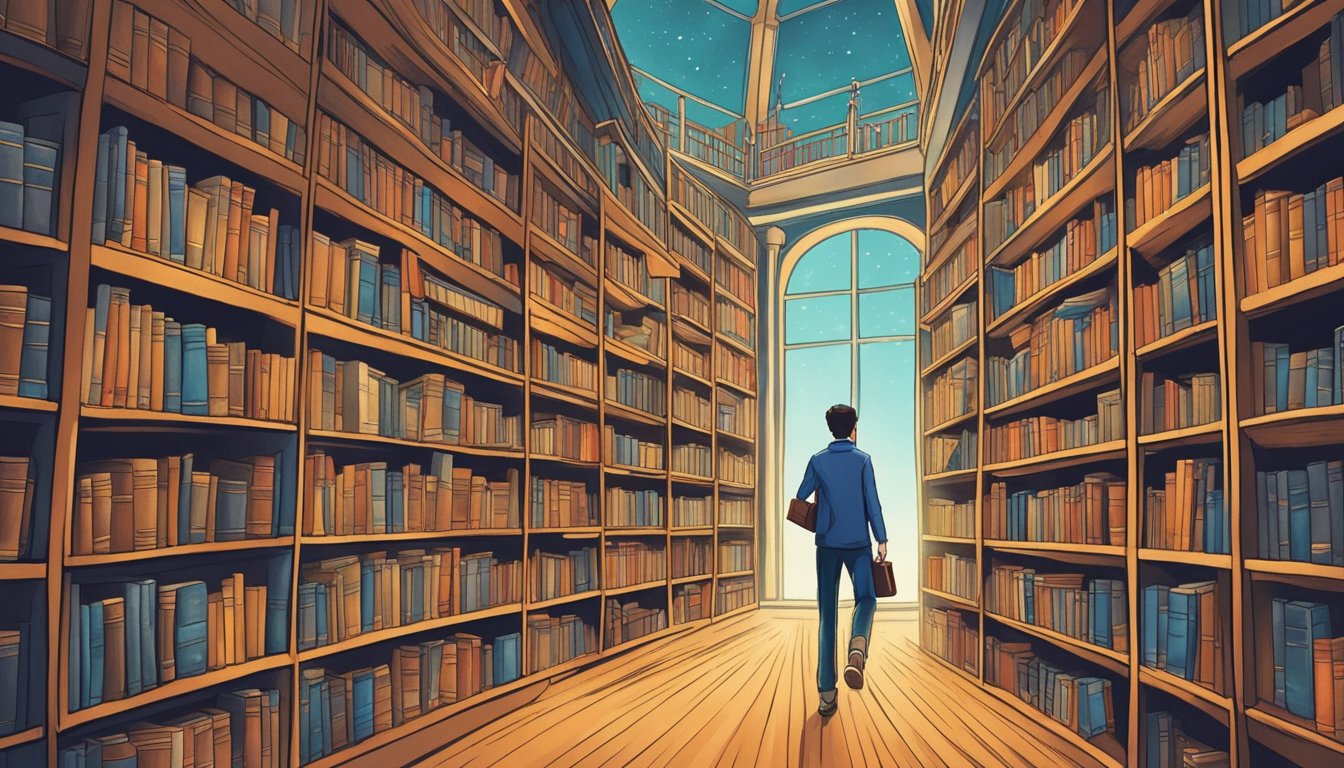 A person exploring a vast library, reaching for a book with a curious
expression, surrounded by shelves of knowledge and
opportunity