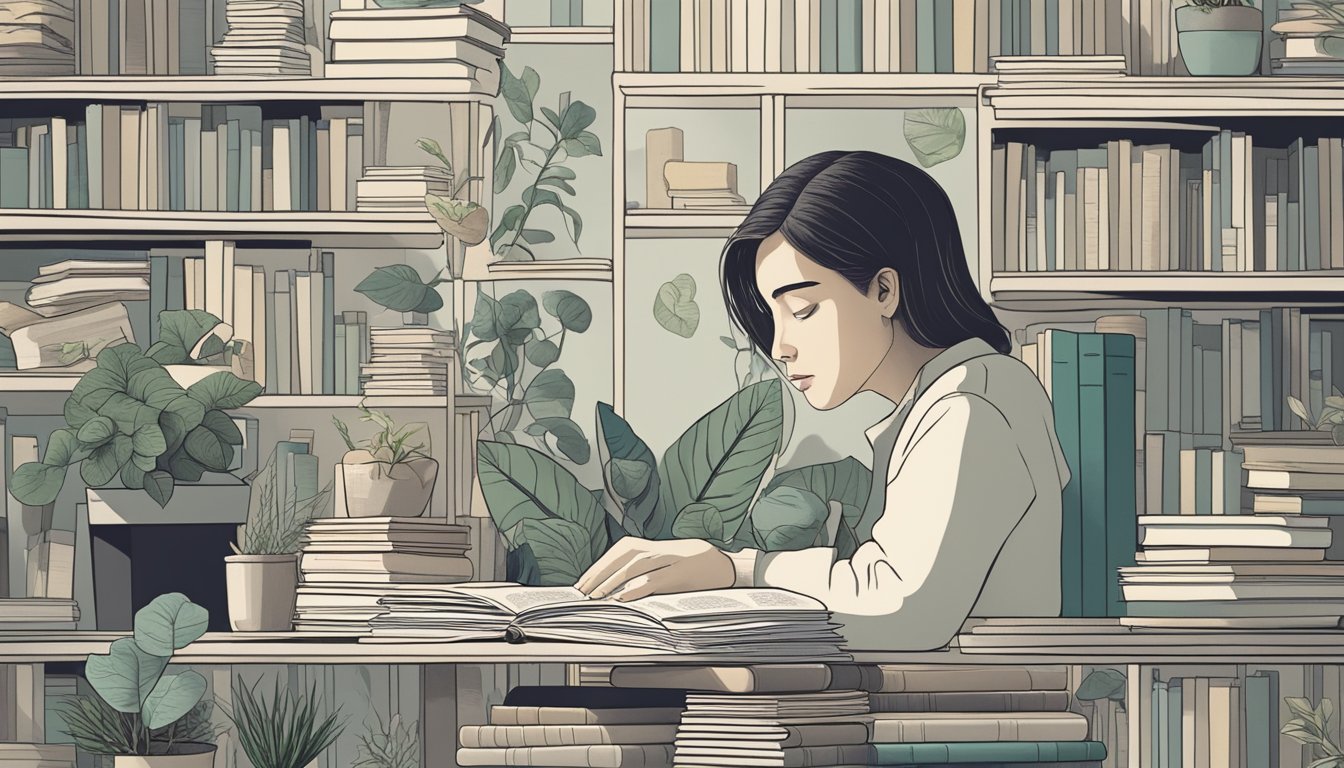 A person surrounded by books, plants, and various objects, with a
thoughtful expression, gazing at a question mark floating in the
air