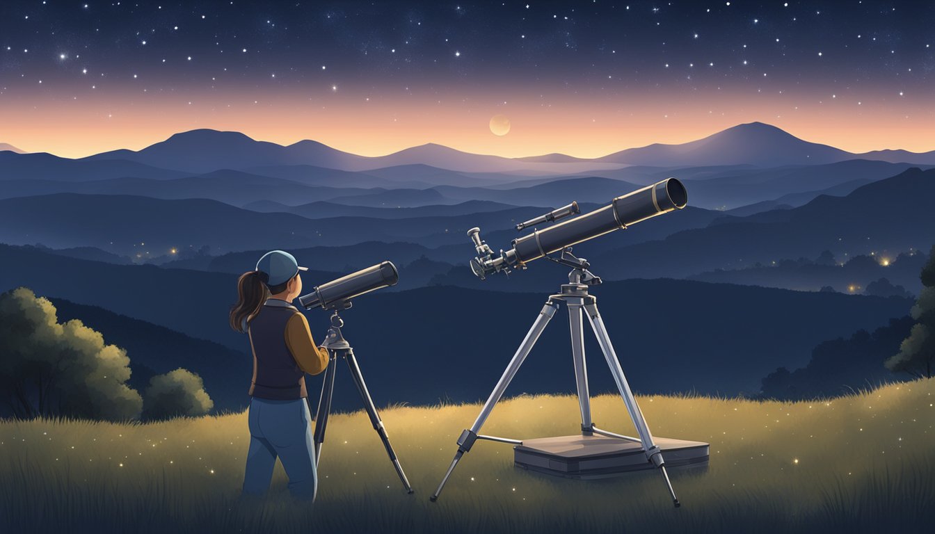 The night sky is clear, with twinkling stars scattered across the dark
expanse. A telescope is set up, pointing towards the heavens, ready for
stargazing. The moon hangs low, casting a soft glow over the
landscape
