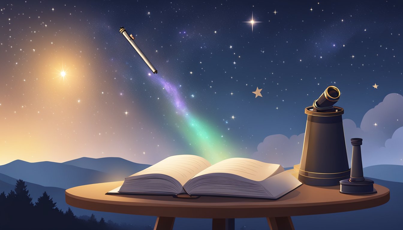 A clear night sky with twinkling stars, a telescope pointed upwards,
and a book on stargazing open on a
table