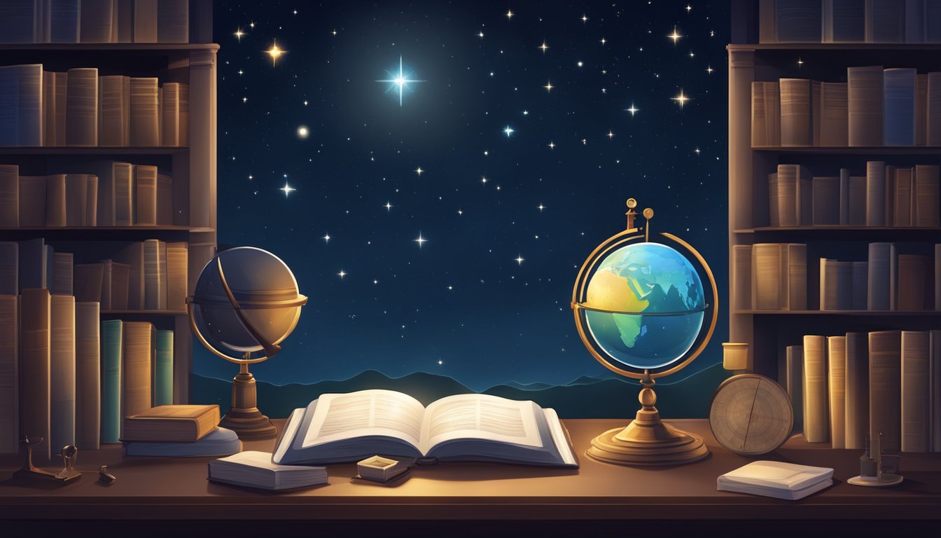 A dark, clear night sky with stars twinkling above. A celestial sphere
diagram and a compass lay on a table, surrounded by astronomy books and
a
telescope