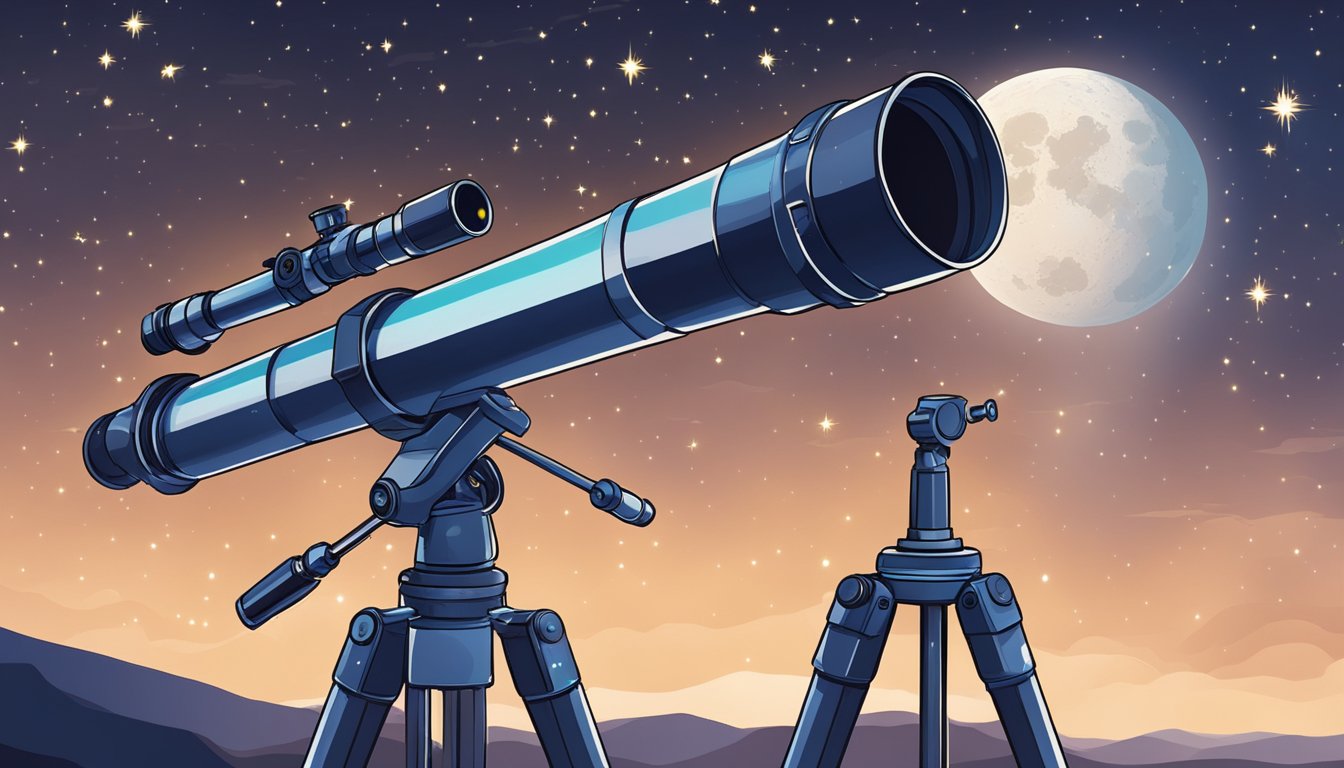 A telescope points towards the night sky, with the moon and planets
visible. Stars twinkle in the background, creating a sense of wonder and
discovery