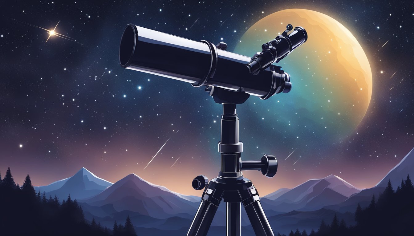 A telescope points towards the night sky, revealing deep sky objects
and phenomena. Stars, galaxies, and nebulae shine brightly against the
dark
backdrop
