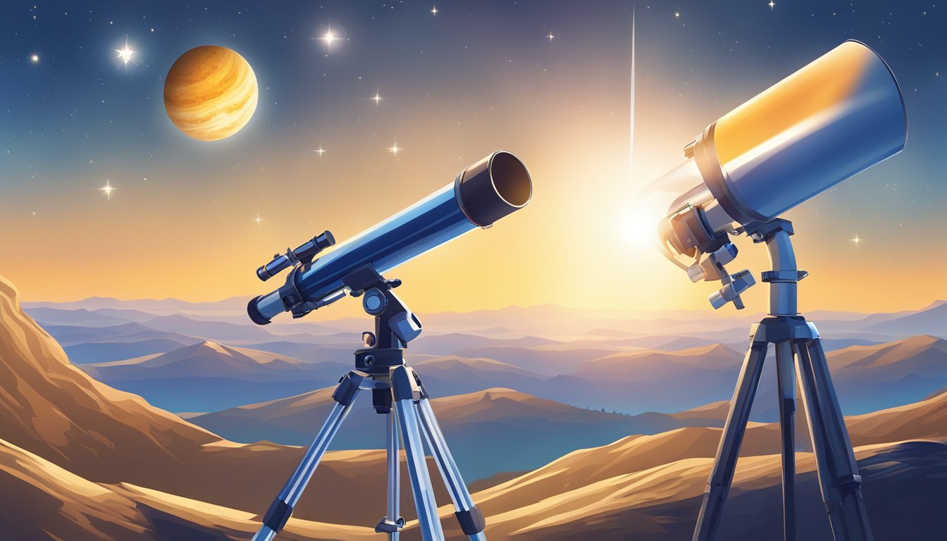 The sun shines brightly in a clear blue sky, with a telescope pointed
towards it. Planets and stars are visible in the background, creating a
sense of wonder and
discovery