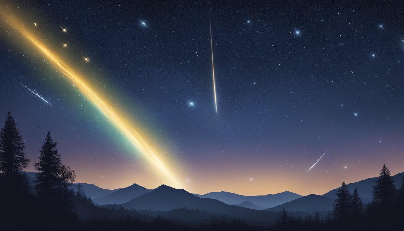 Bright meteors streak across the dark sky as a comet with a long tail
illuminates the horizon. Stars twinkle in the background, creating a
mesmerizing display of celestial
activity