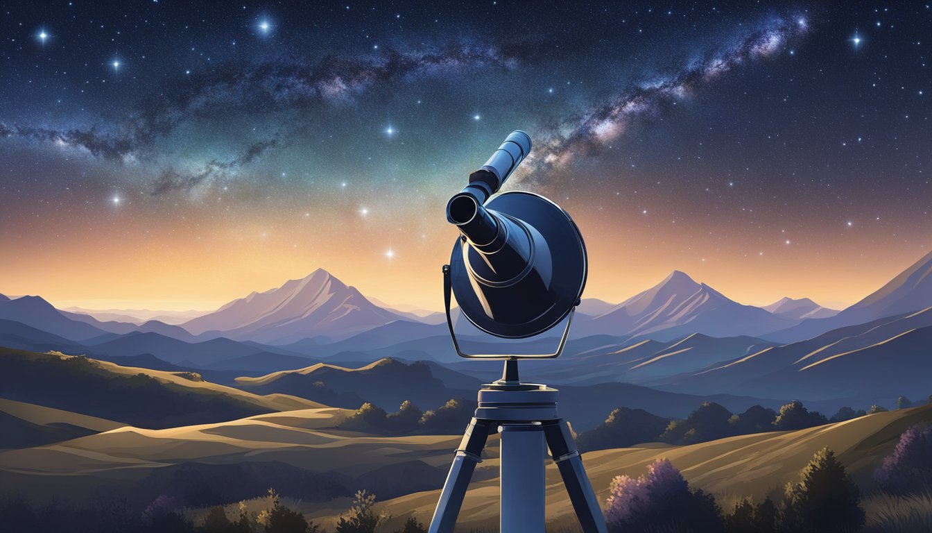 A telescope points towards the night sky, with stars forming
recognizable constellations and asterisms. The Milky Way stretches
across the horizon, creating a stunning celestial
display