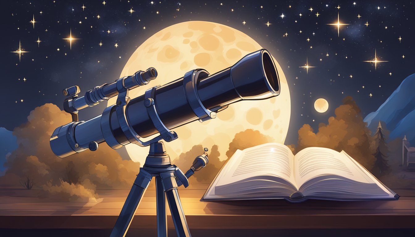 A telescope pointed towards the night sky, stars twinkling in the
darkness, a book on astronomy open nearby, and a sense of wonder and
curiosity in the
air